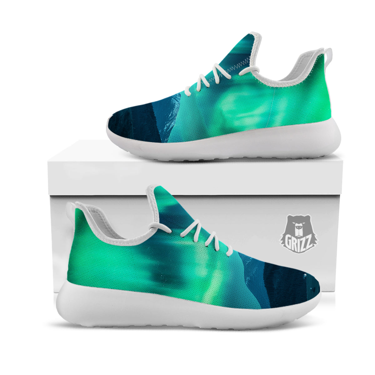 Green Northern Lights And Snowy Mountains Print White Athletic Shoes-grizzshop
