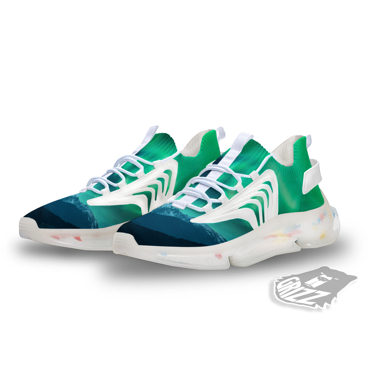 Green Northern Lights And Snowy Mountains Print White Gym Shoes-grizzshop