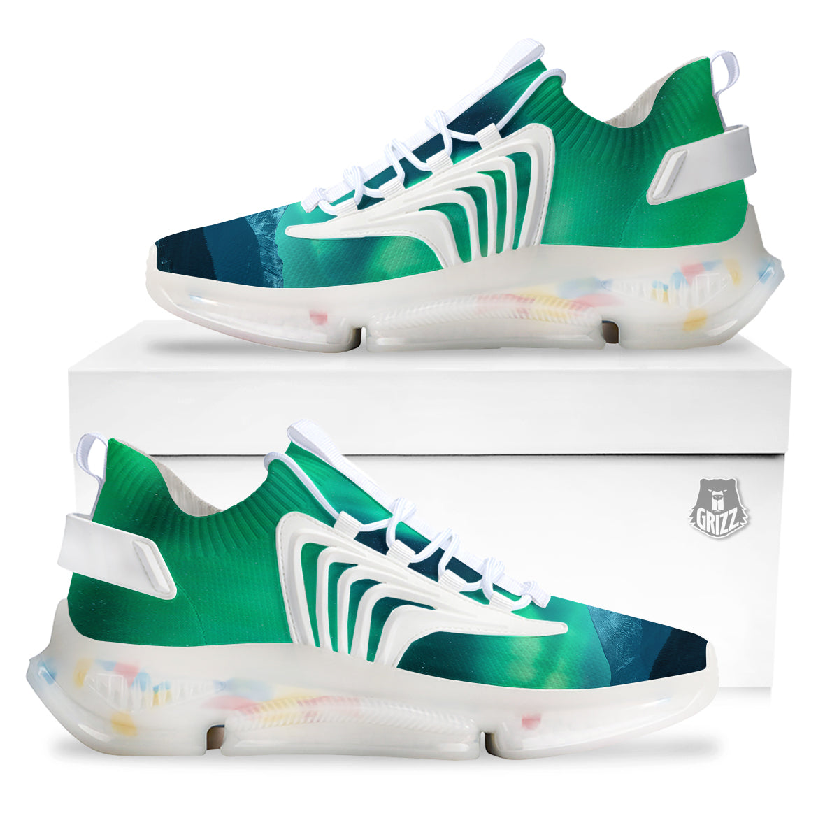 Green Northern Lights And Snowy Mountains Print White Gym Shoes-grizzshop