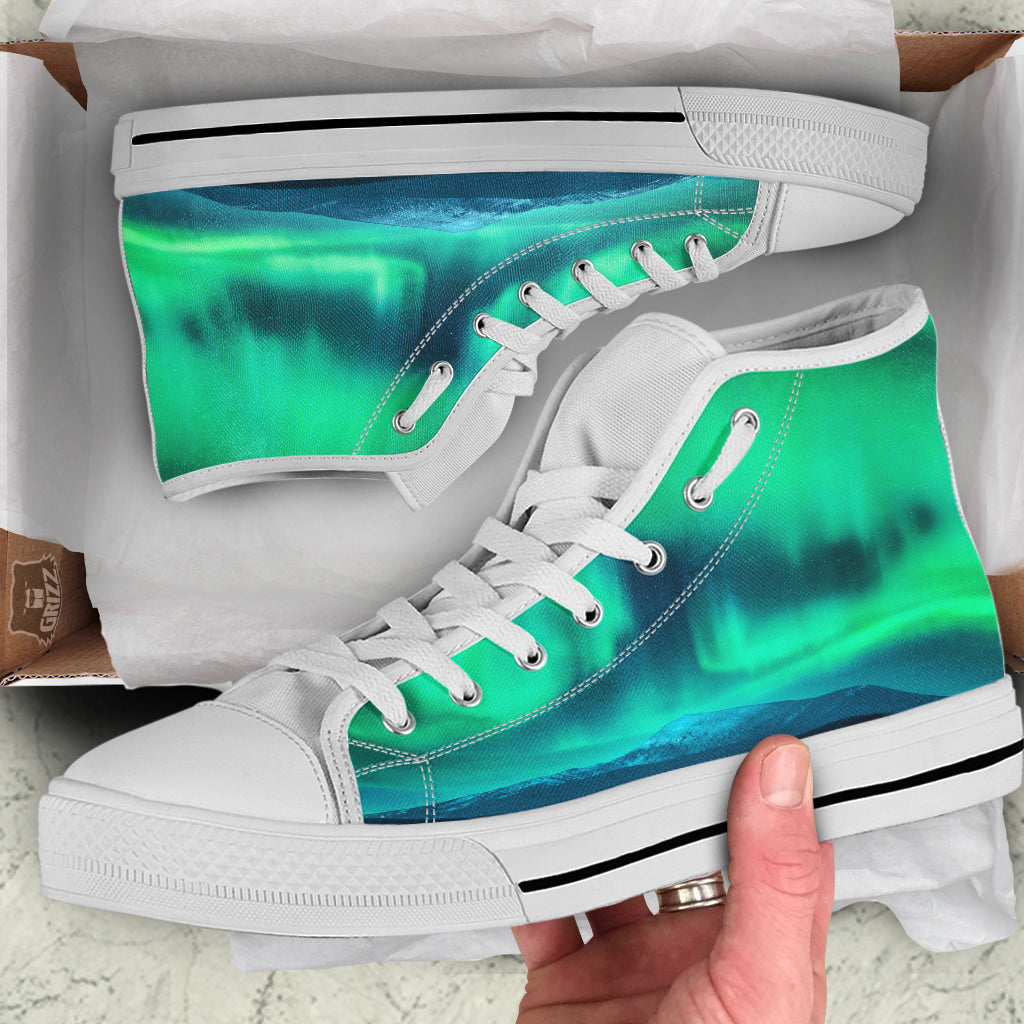 Green Northern Lights And Snowy Mountains Print White High Top Shoes-grizzshop