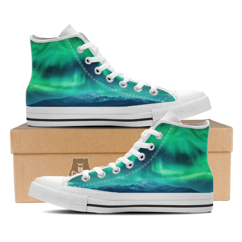 Green Northern Lights And Snowy Mountains Print White High Top Shoes-grizzshop