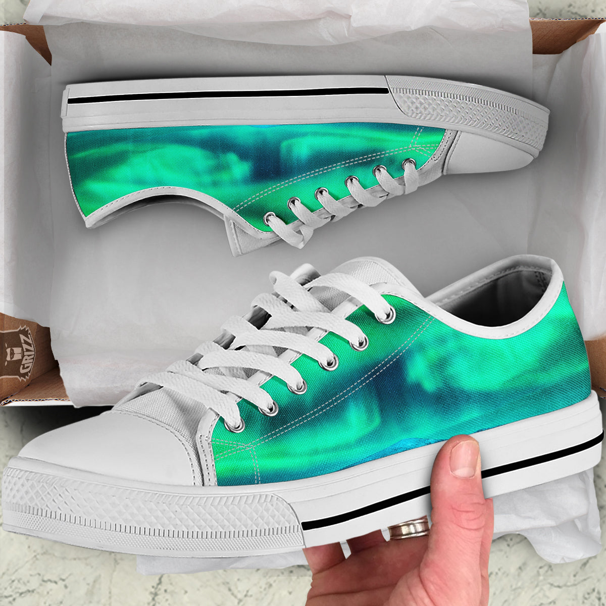 Green Northern Lights And Snowy Mountains Print White Low Top Shoes-grizzshop
