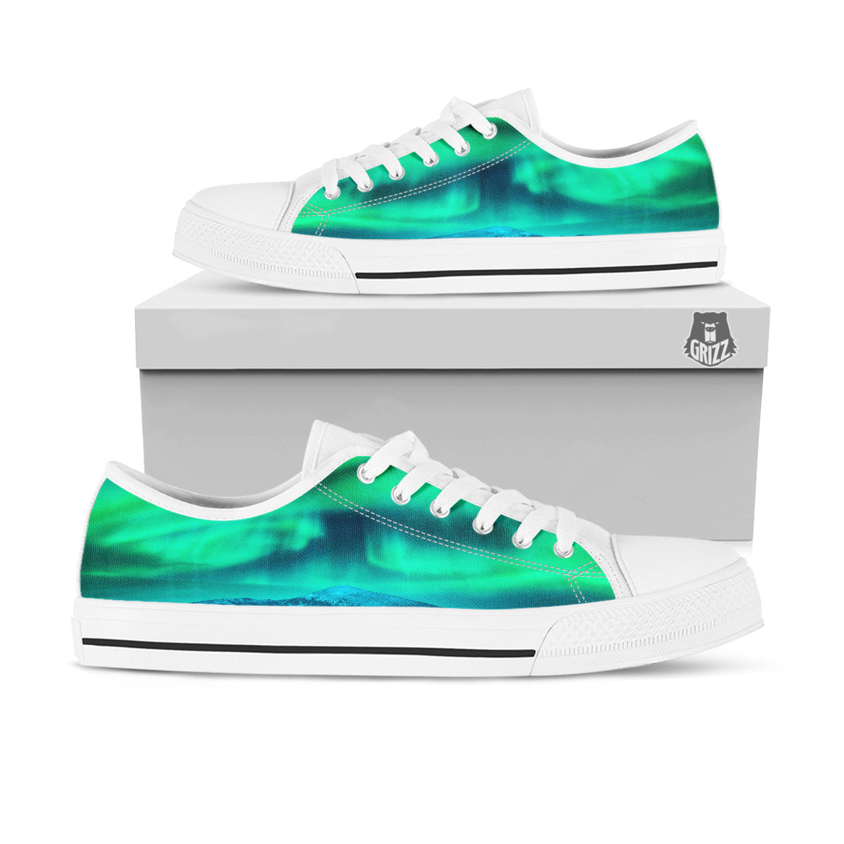 Green Northern Lights And Snowy Mountains Print White Low Top Shoes-grizzshop