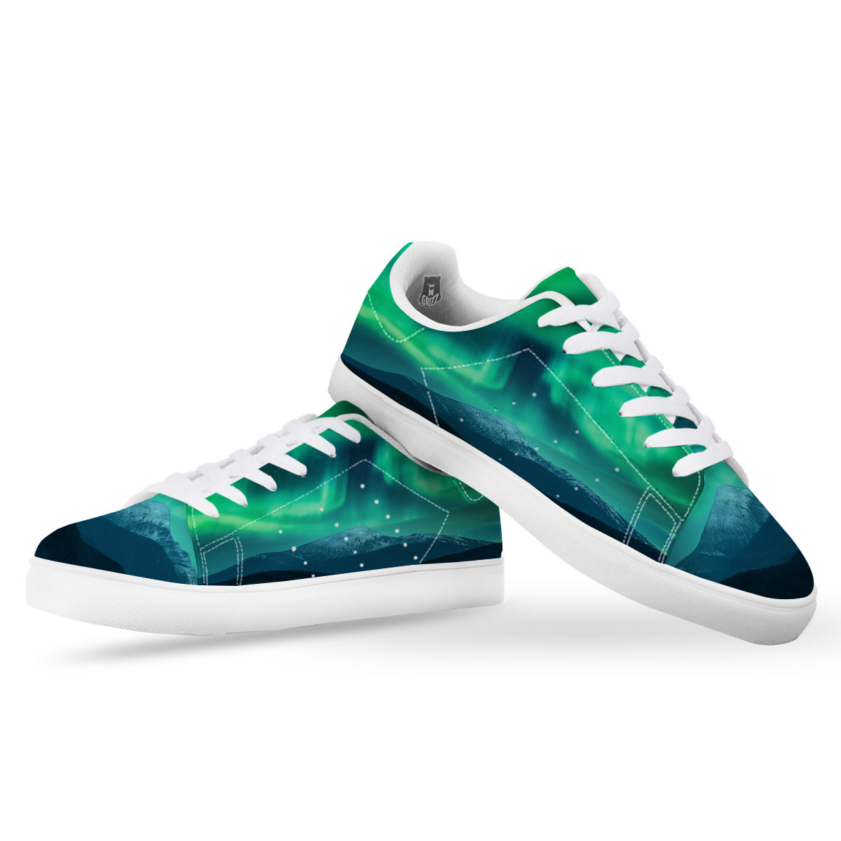 Green Northern Lights And Snowy Mountains Print White Low Top Sneakers-grizzshop