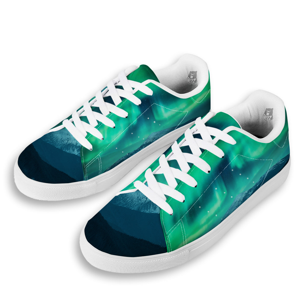 Green Northern Lights And Snowy Mountains Print White Low Top Sneakers-grizzshop
