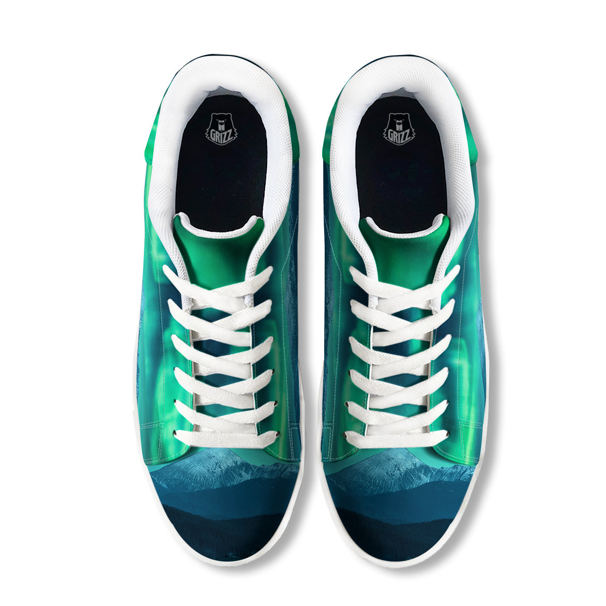Green Northern Lights And Snowy Mountains Print White Low Top Sneakers-grizzshop