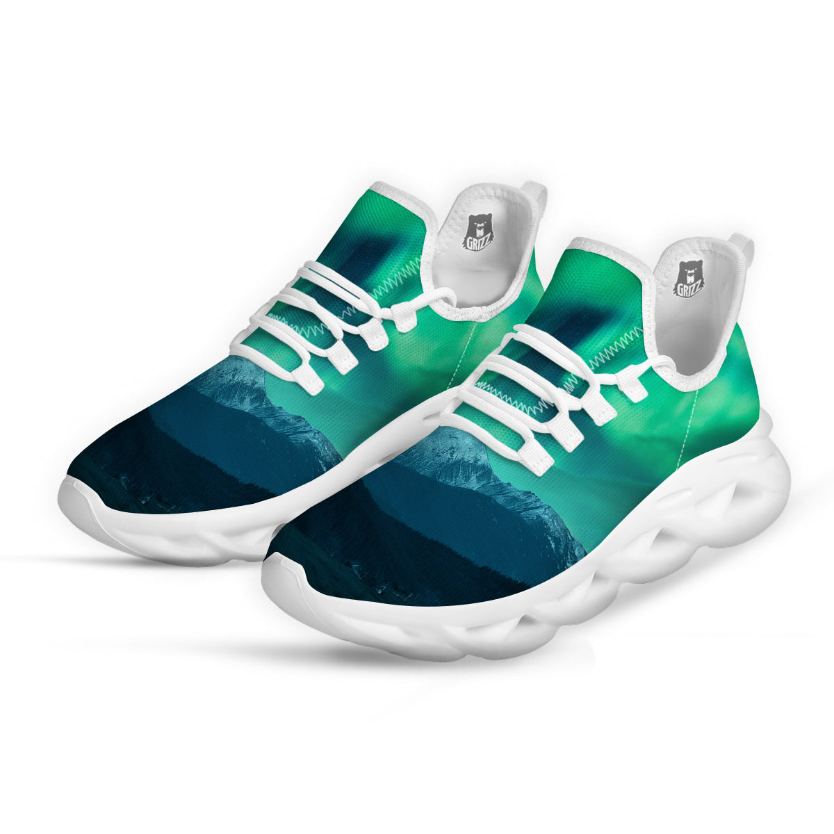 Green Northern Lights And Snowy Mountains Print White Running Shoes-grizzshop