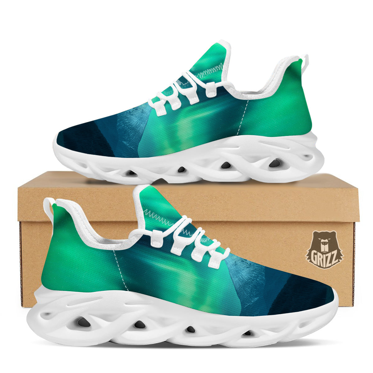 Green Northern Lights And Snowy Mountains Print White Running Shoes-grizzshop