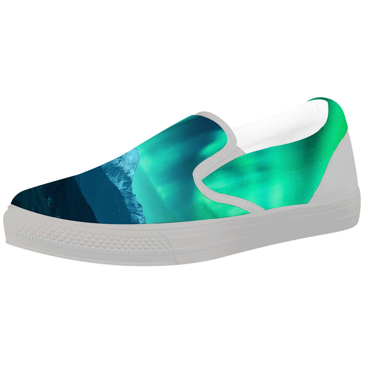 Green Northern Lights And Snowy Mountains Print White Slip On Shoes-grizzshop
