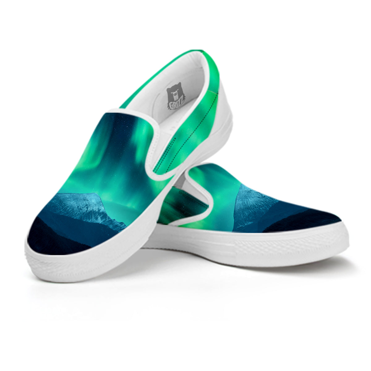 Green Northern Lights And Snowy Mountains Print White Slip On Shoes-grizzshop