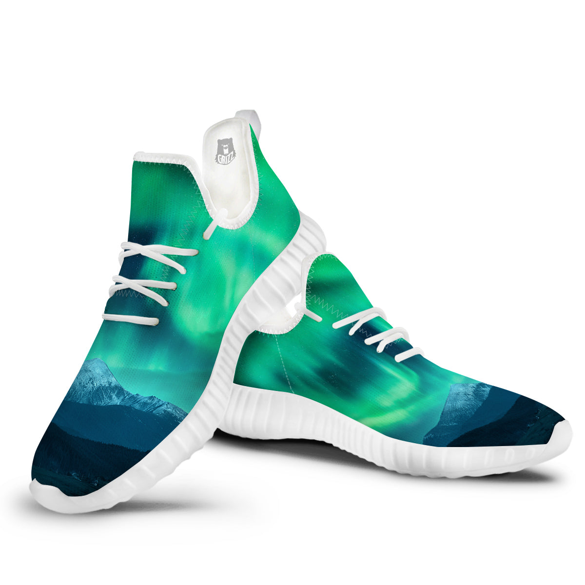Green Northern Lights And Snowy Mountains Print White Walking Shoes-grizzshop