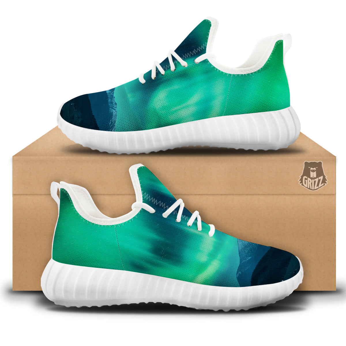 Green Northern Lights And Snowy Mountains Print White Walking Shoes-grizzshop
