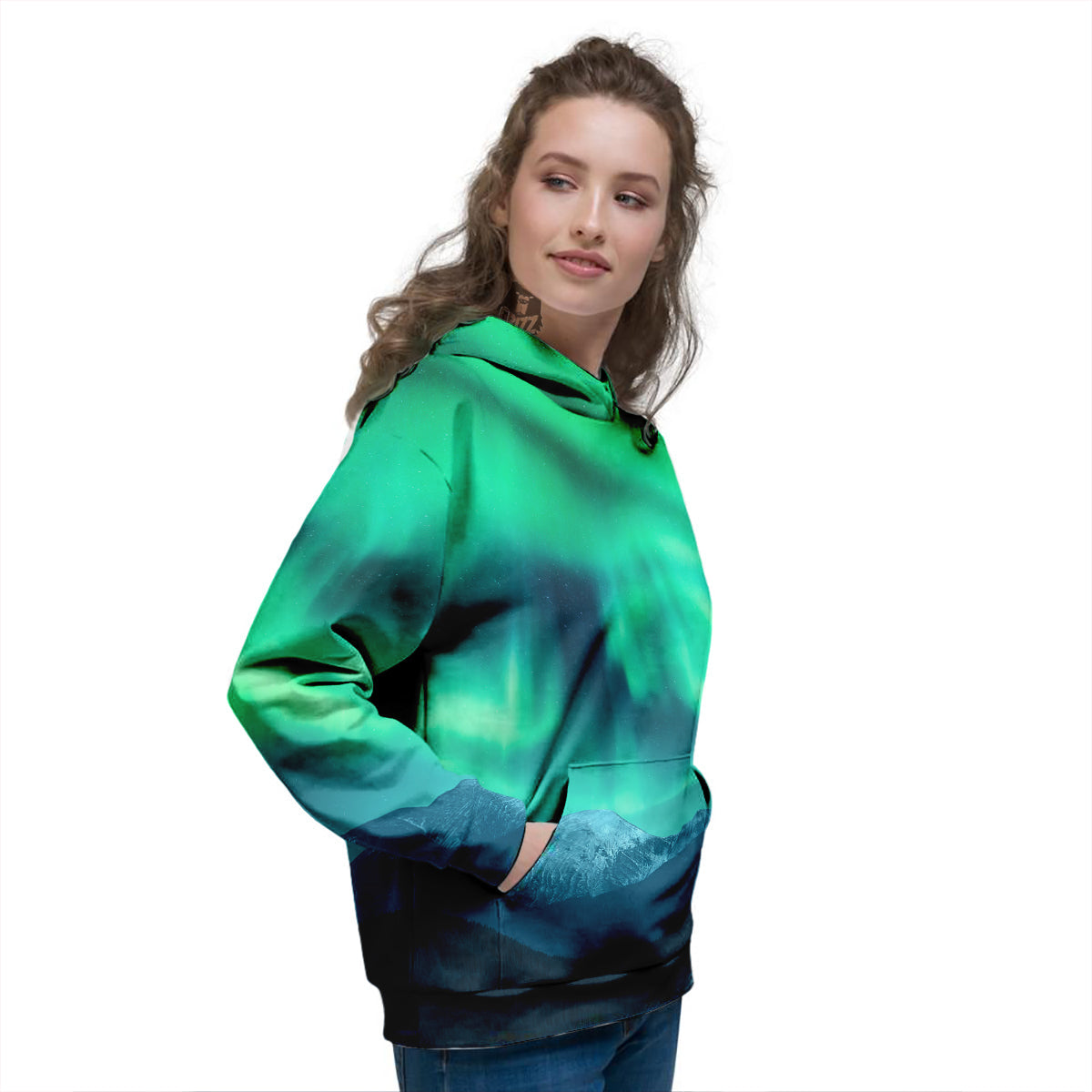 Green Northern Lights And Snowy Mountains Print Women's Hoodie-grizzshop