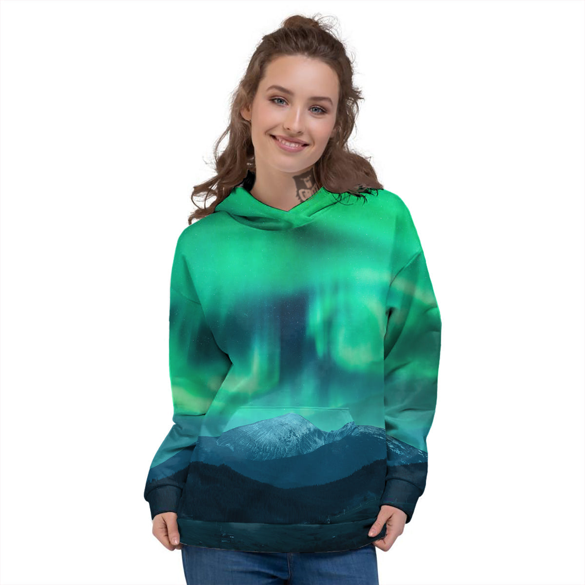 Green Northern Lights And Snowy Mountains Print Women's Hoodie-grizzshop