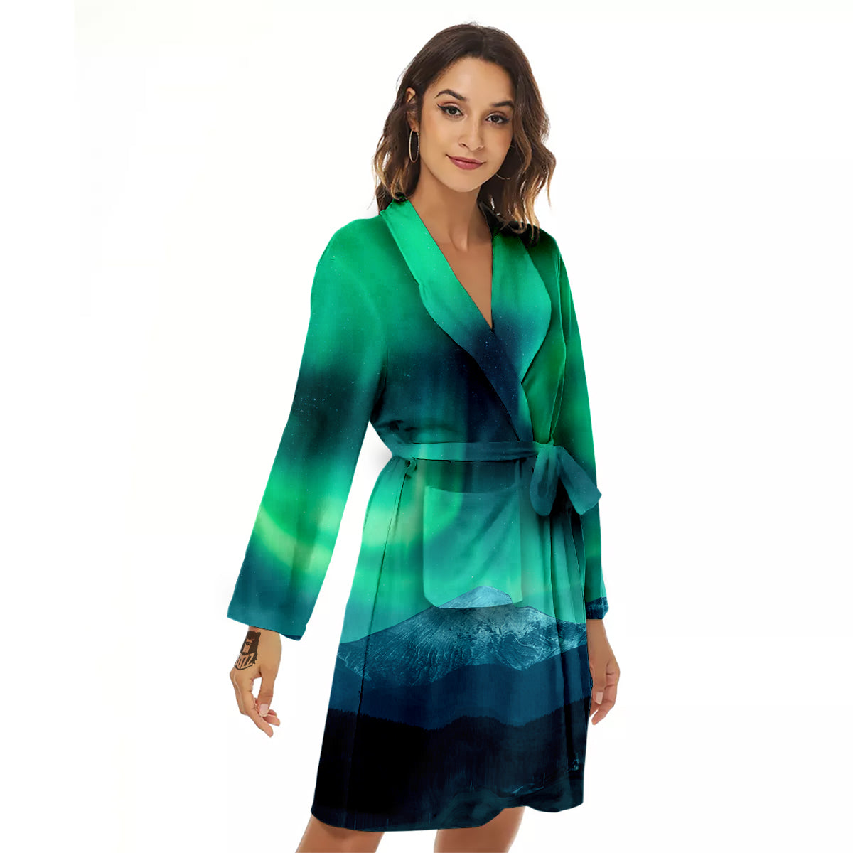 Green Northern Lights And Snowy Mountains Print Women's Robe-grizzshop