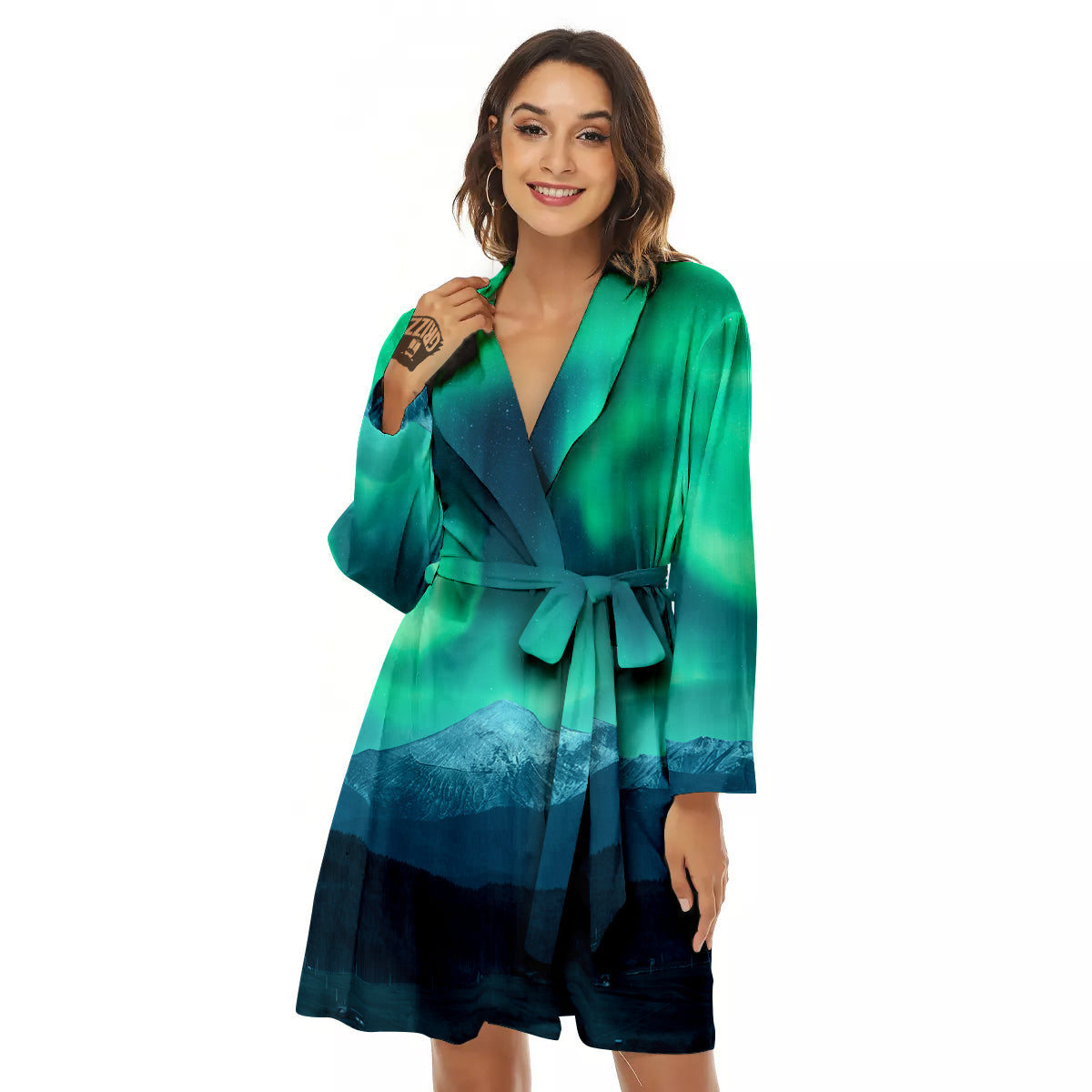Green Northern Lights And Snowy Mountains Print Women's Robe-grizzshop
