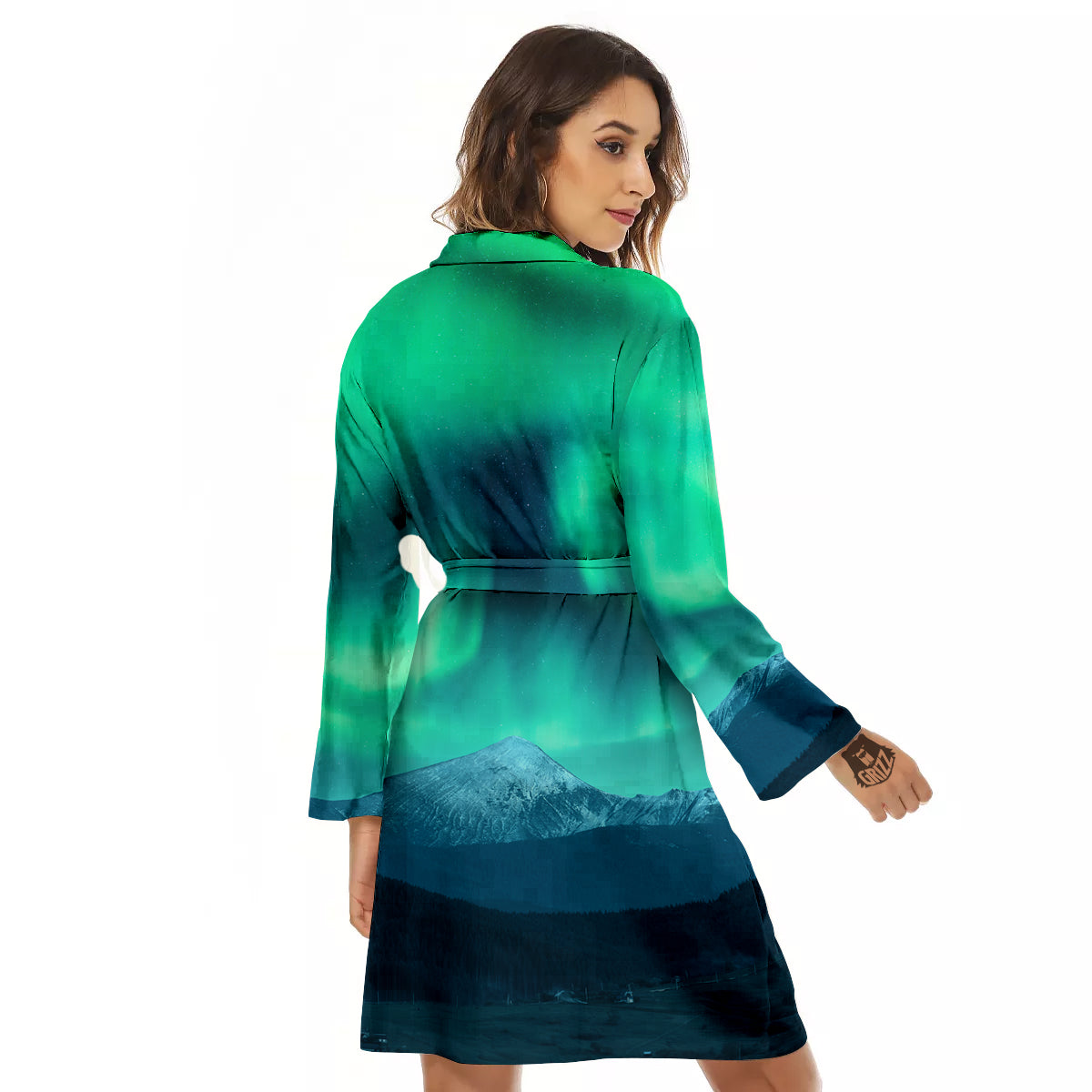 Green Northern Lights And Snowy Mountains Print Women's Robe-grizzshop
