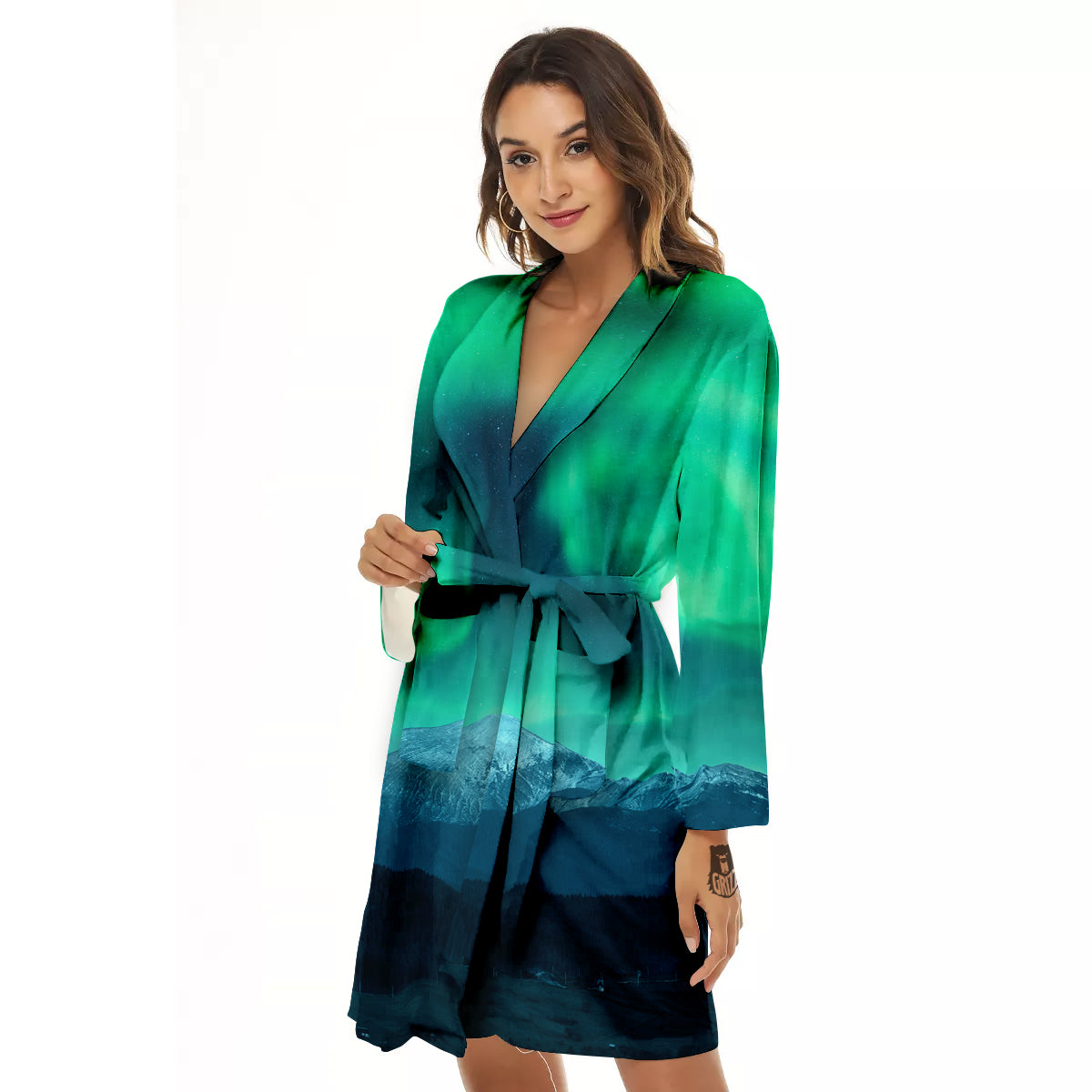 Green Northern Lights And Snowy Mountains Print Women's Robe-grizzshop
