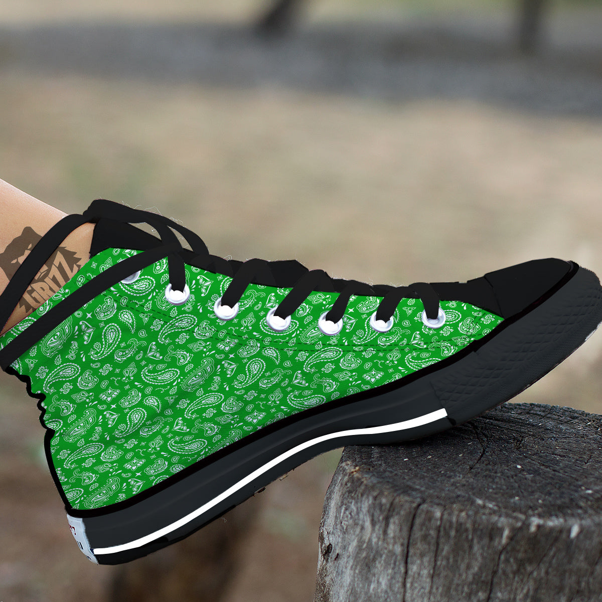 Green Paisley Bandana Print Black High Top Shoes-grizzshop