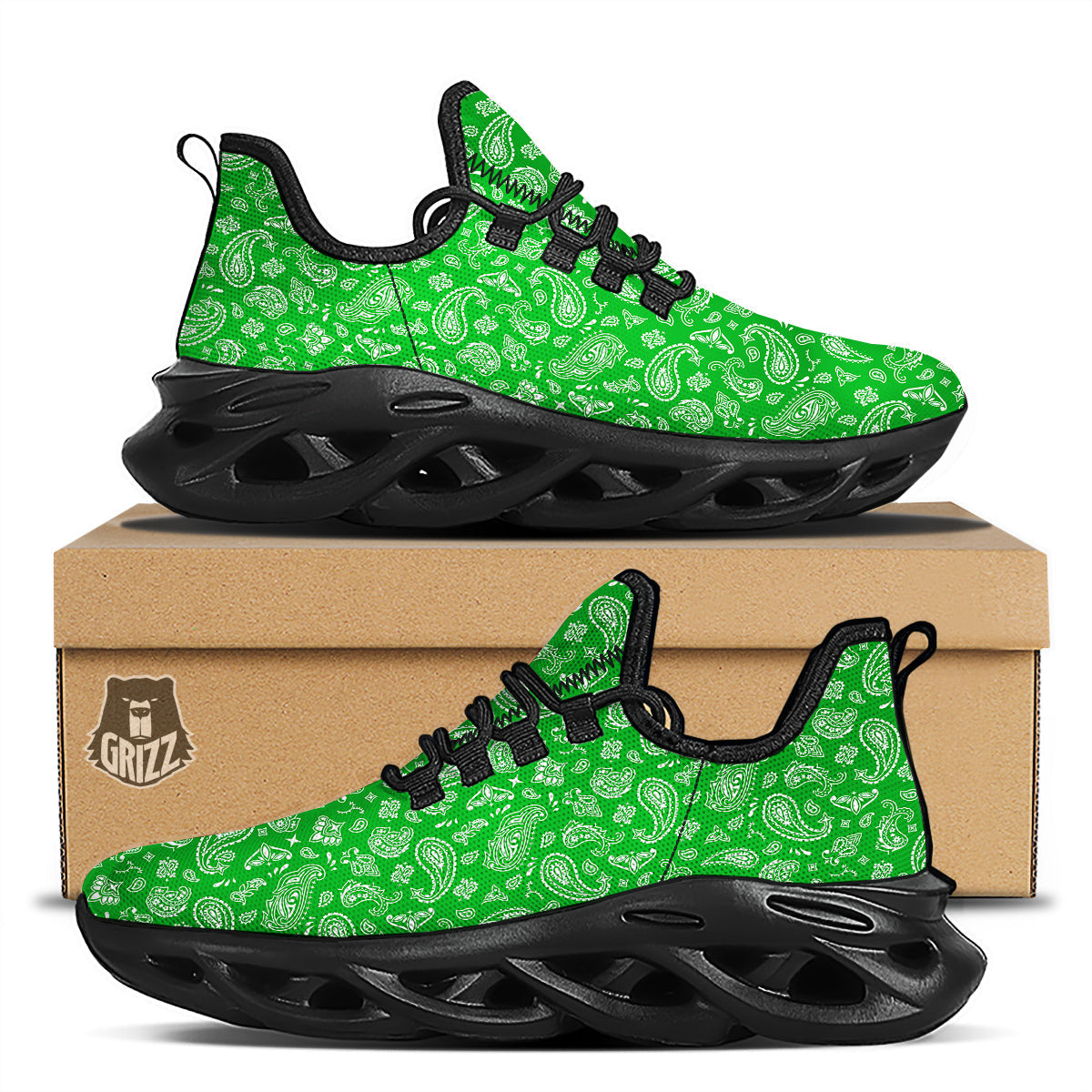 Green Paisley Bandana Print Black Running Shoes-grizzshop