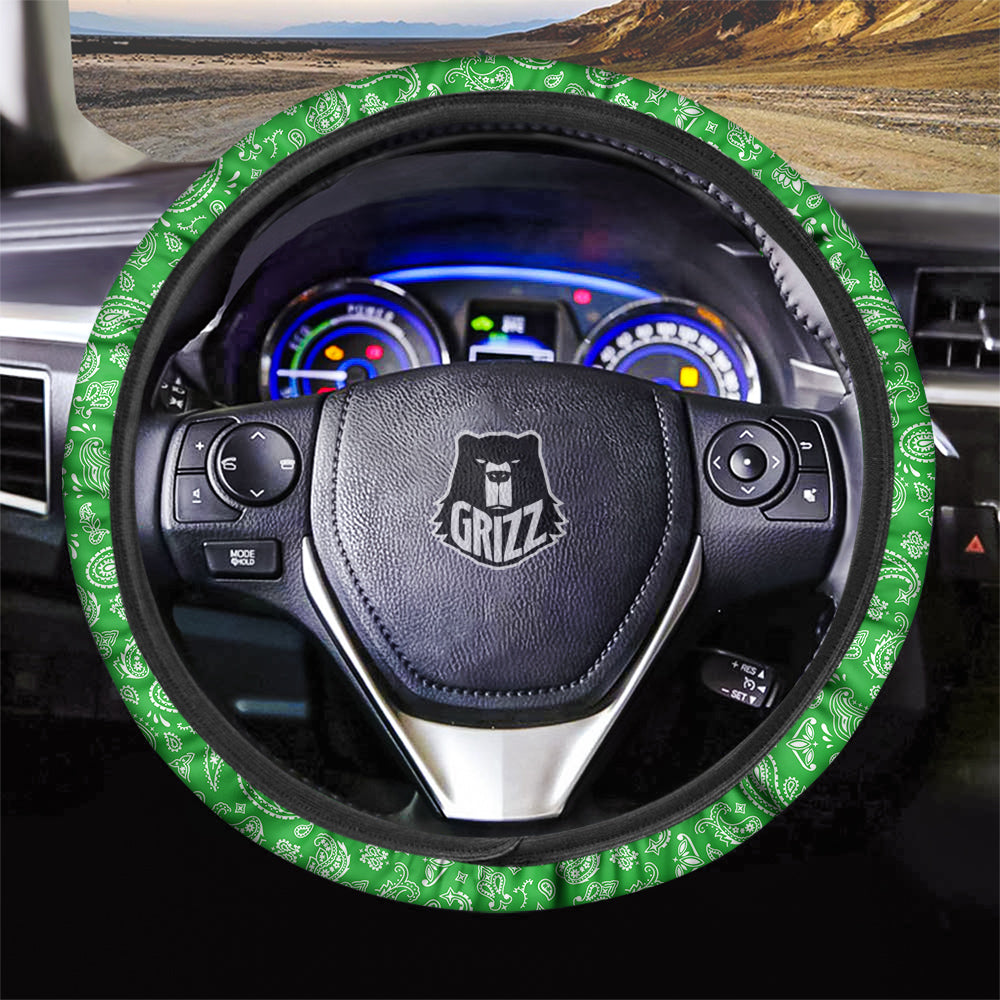 Green Paisley Bandana Print Car Steering Wheel Cover-grizzshop