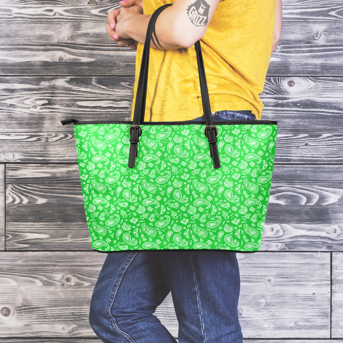 Green Paisley Bandana Print Leather Tote Bag-grizzshop