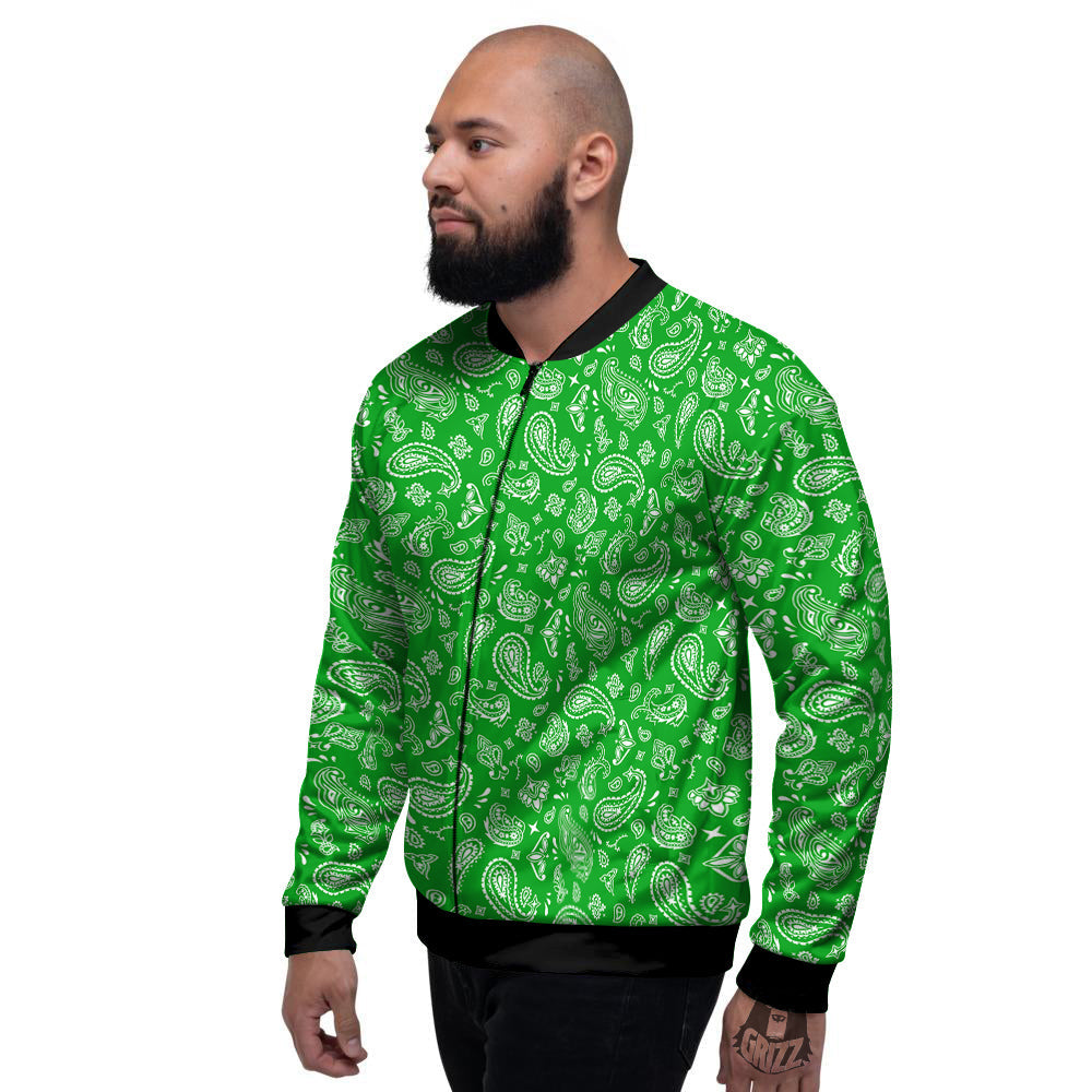 Green Paisley Bandana Print Men's Bomber Jacket-grizzshop