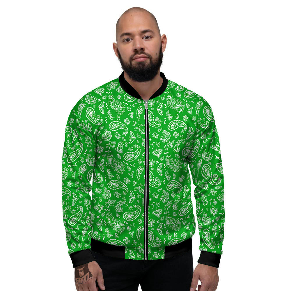 Green Paisley Bandana Print Men's Bomber Jacket-grizzshop