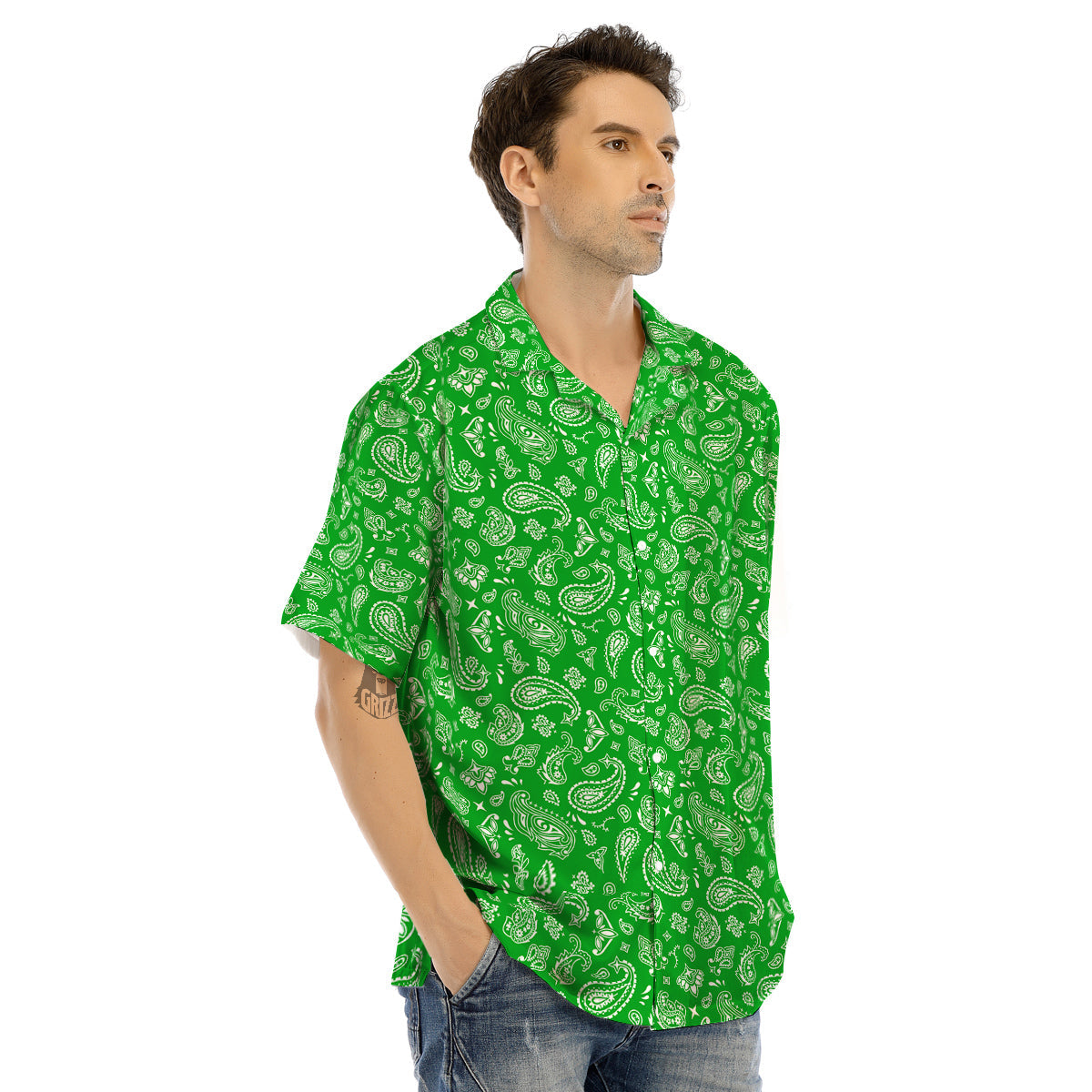 Green Paisley Bandana Print Men’s Hawaiian Shirt-grizzshop