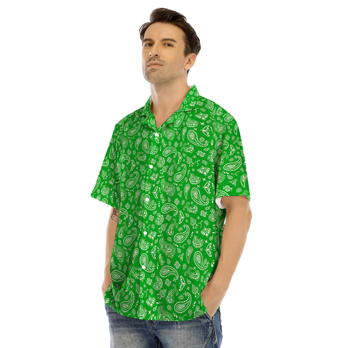 Green Paisley Bandana Print Men’s Hawaiian Shirt-grizzshop