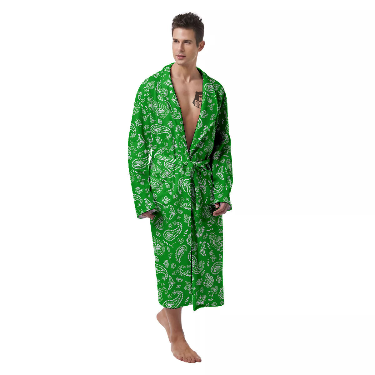 Green Paisley Bandana Print Men's Robe-grizzshop