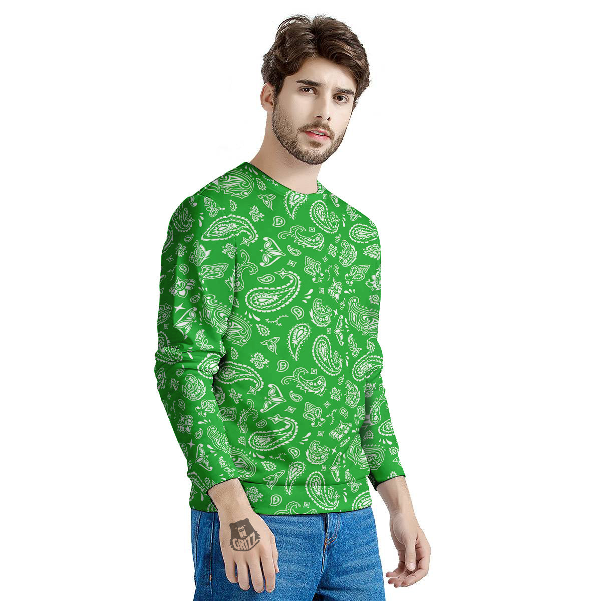 Green Paisley Bandana Print Men's Sweatshirt-grizzshop