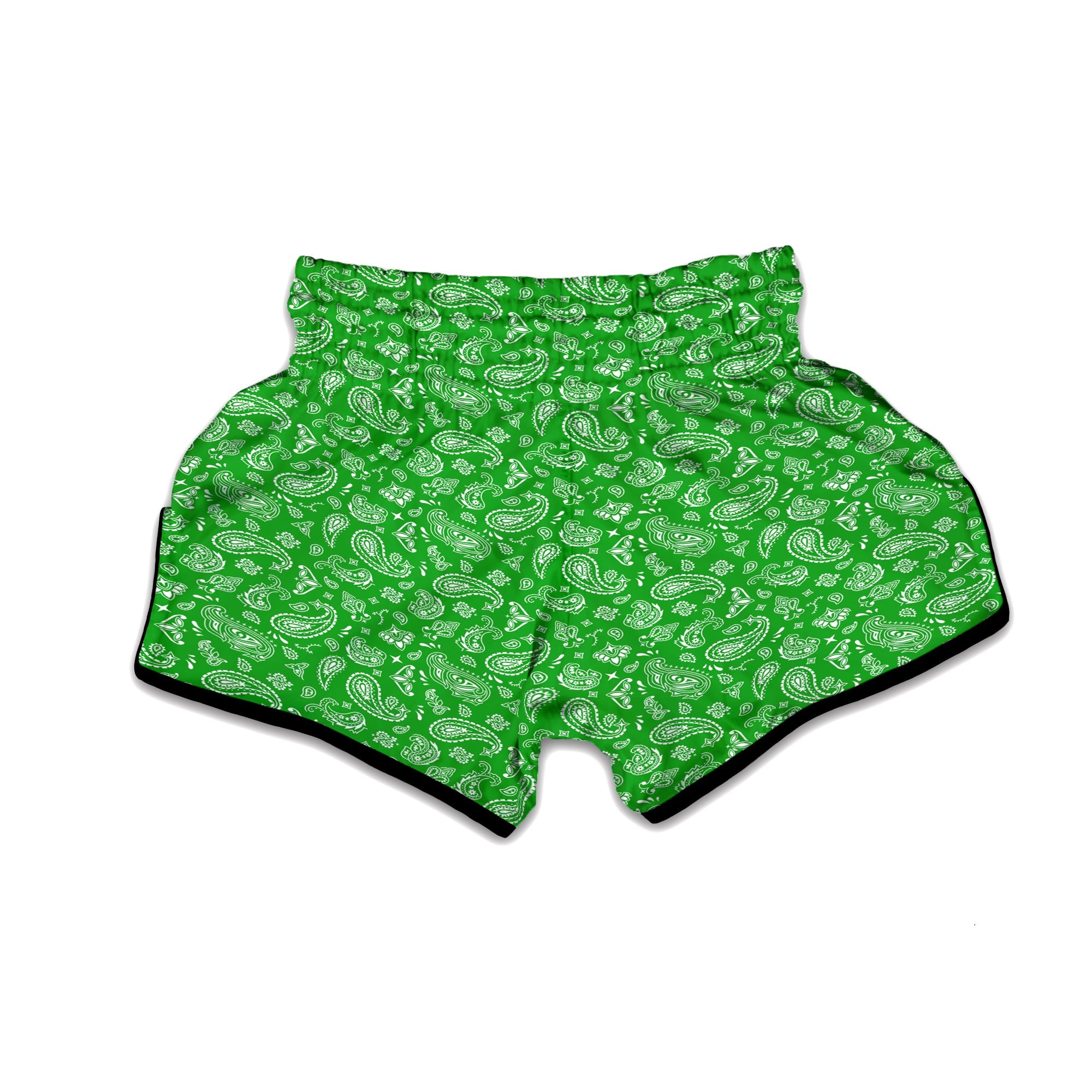 Green Paisley Bandana Print Muay Thai Boxing Shorts-grizzshop