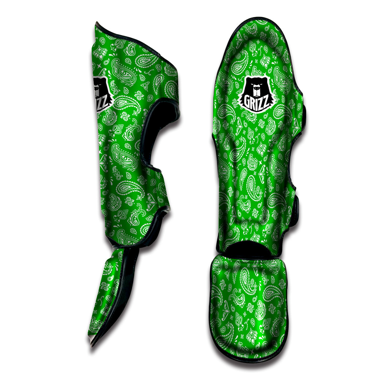 Green Paisley Bandana Print Muay Thai Shin Guards-grizzshop