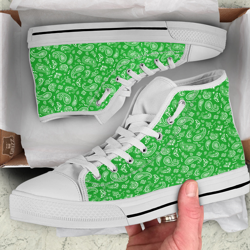 Green Paisley Bandana Print White High Top Shoes-grizzshop