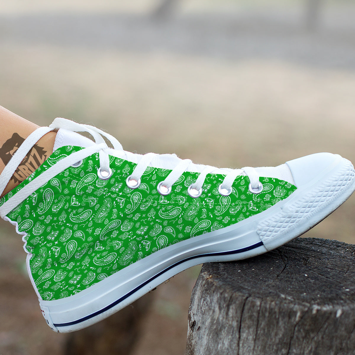 Green Paisley Bandana Print White High Top Shoes-grizzshop