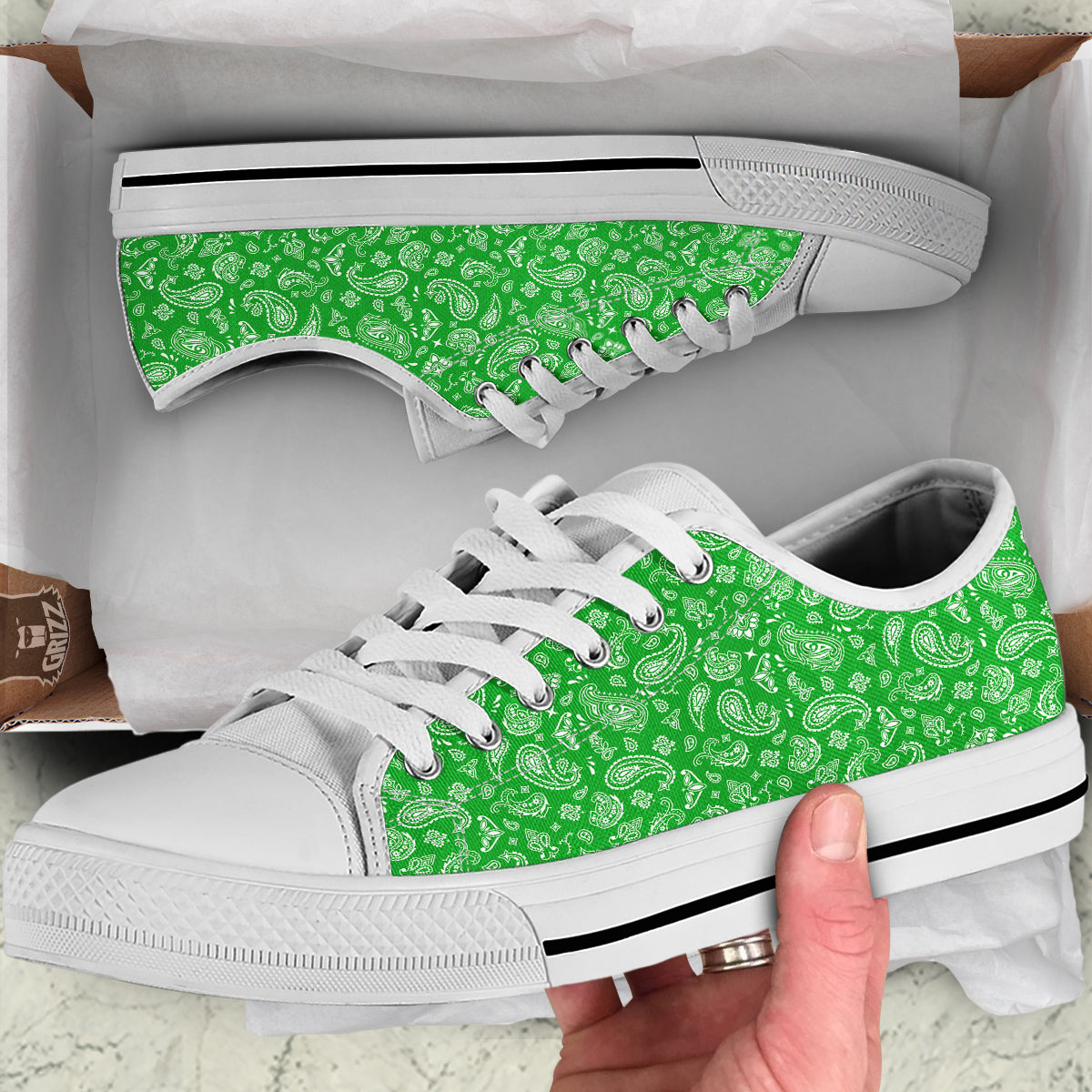 Green Paisley Bandana Print White Low Top Shoes-grizzshop