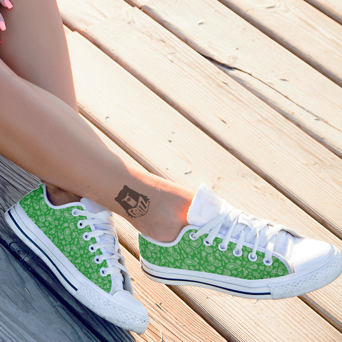 Green Paisley Bandana Print White Low Top Shoes-grizzshop