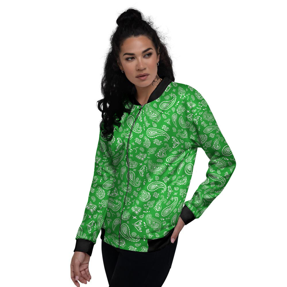 Green Paisley Bandana Print Women's Bomber Jacket-grizzshop