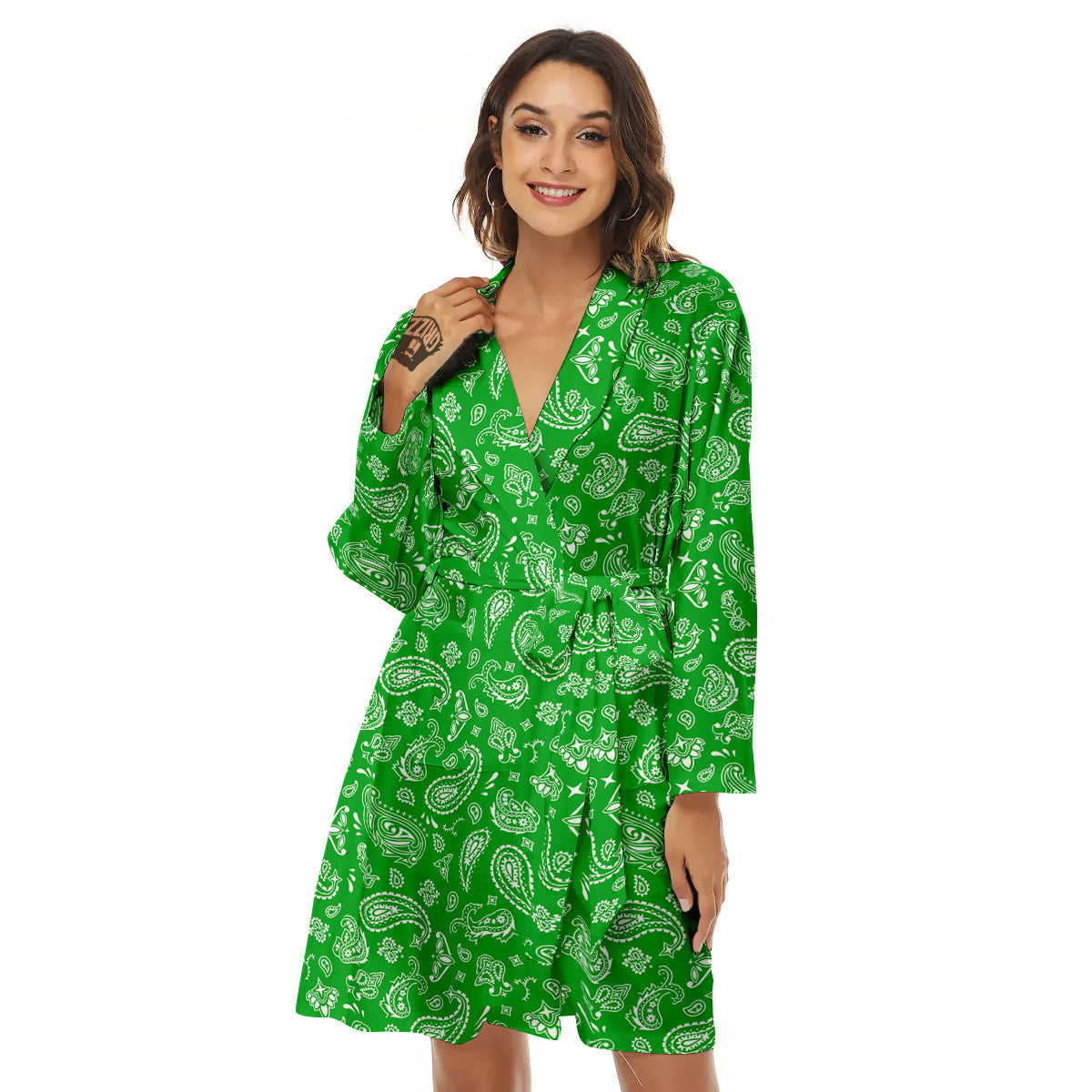 Green Paisley Bandana Print Women's Robe-grizzshop