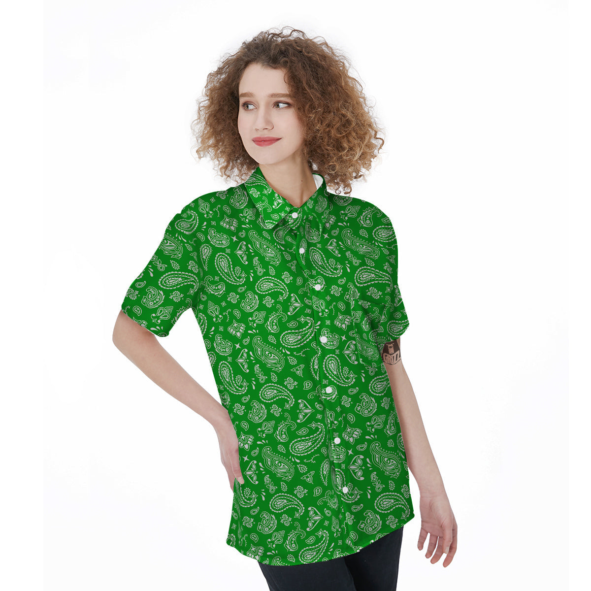 Green Paisley Bandana Print Women's Short Sleeve Shirts-grizzshop