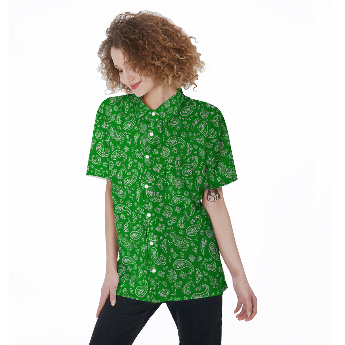 Green Paisley Bandana Print Women's Short Sleeve Shirts-grizzshop