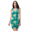 Green Palm Tree Hawaiin Print Bodycon Dress-grizzshop