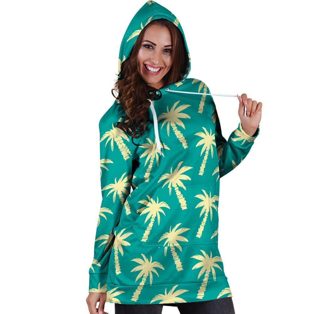 Green Palm Tree Hawaiin Print Hoodie Dress-grizzshop