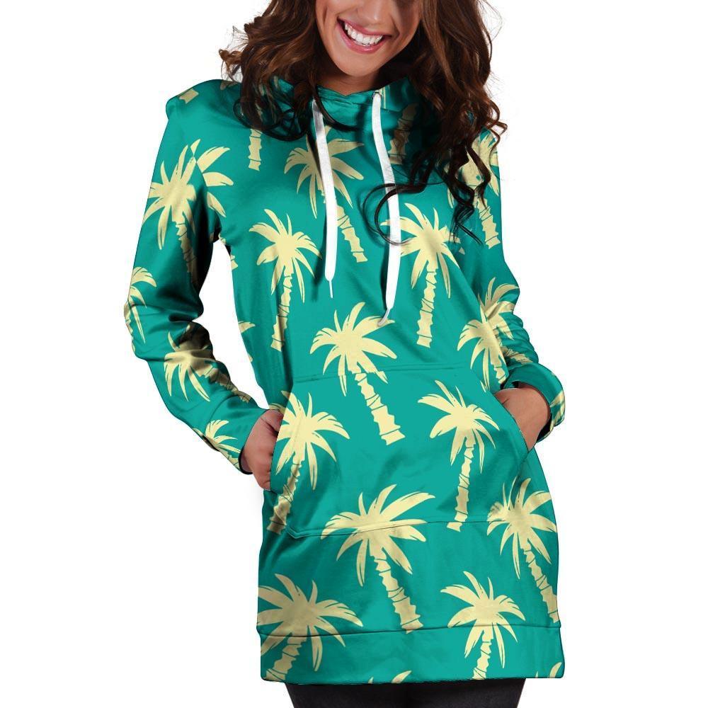 Green Palm Tree Hawaiin Print Hoodie Dress-grizzshop