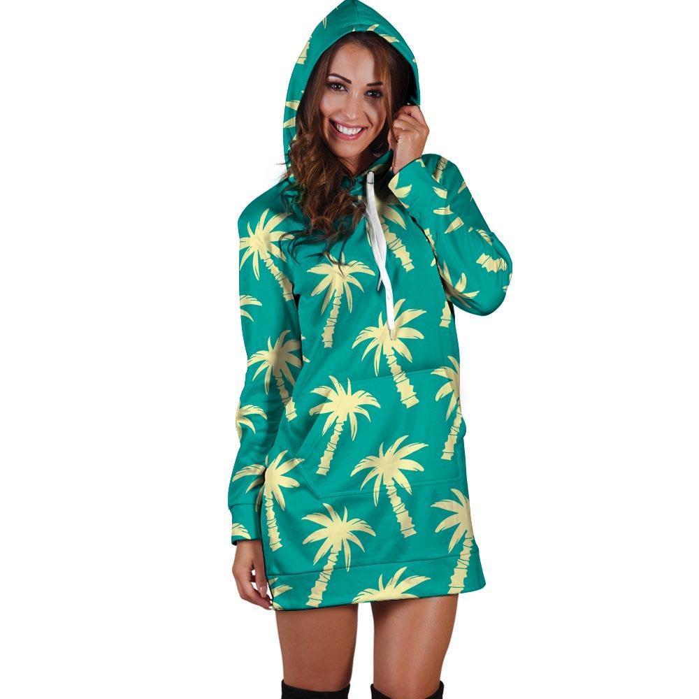 Green Palm Tree Hawaiin Print Hoodie Dress-grizzshop