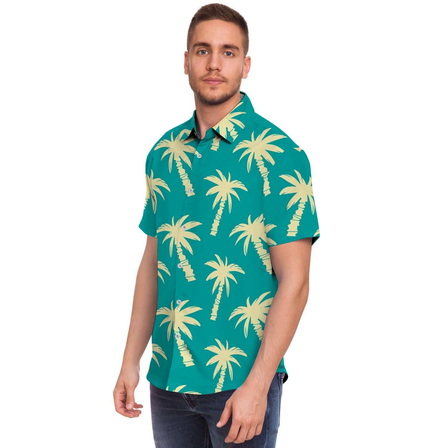 Green Palm Tree Hawaiin Print Men's Short Sleeve Shirt-grizzshop