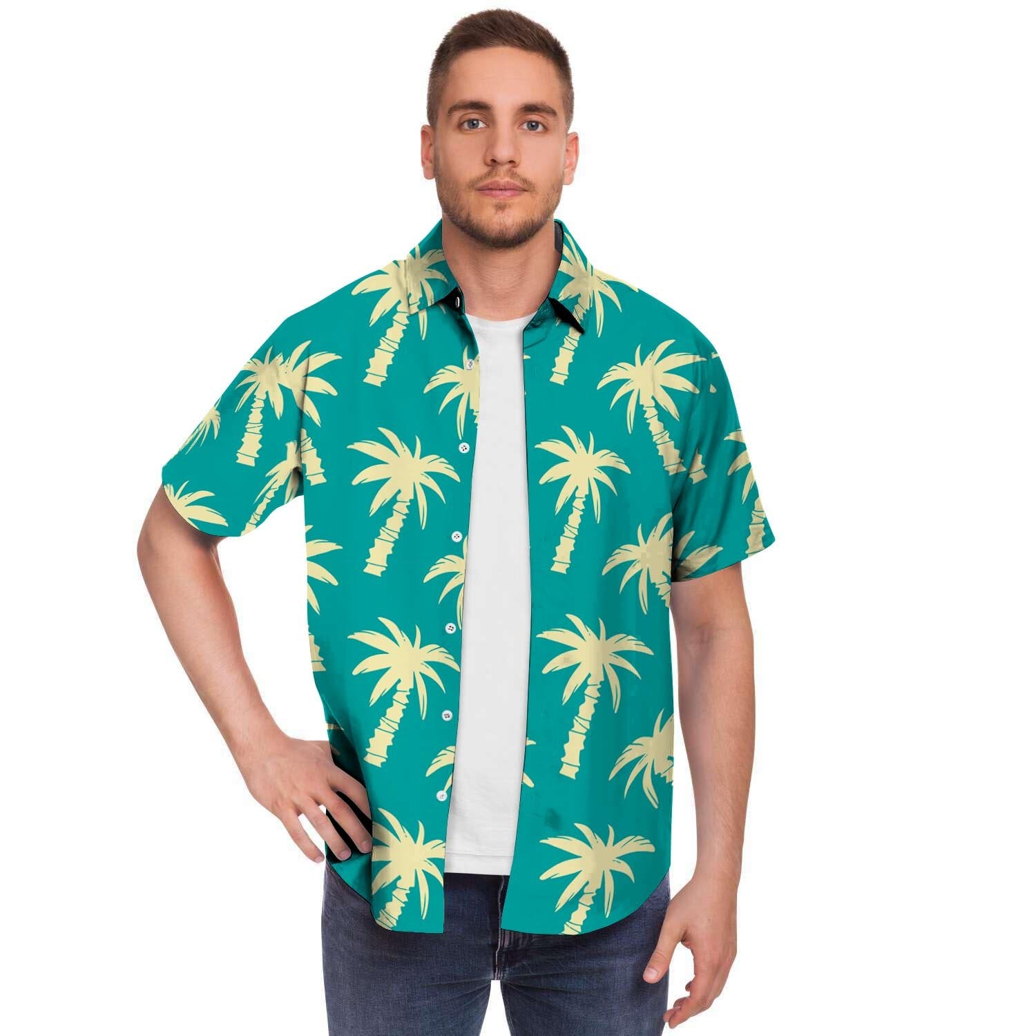 Green Palm Tree Hawaiin Print Men's Short Sleeve Shirt-grizzshop