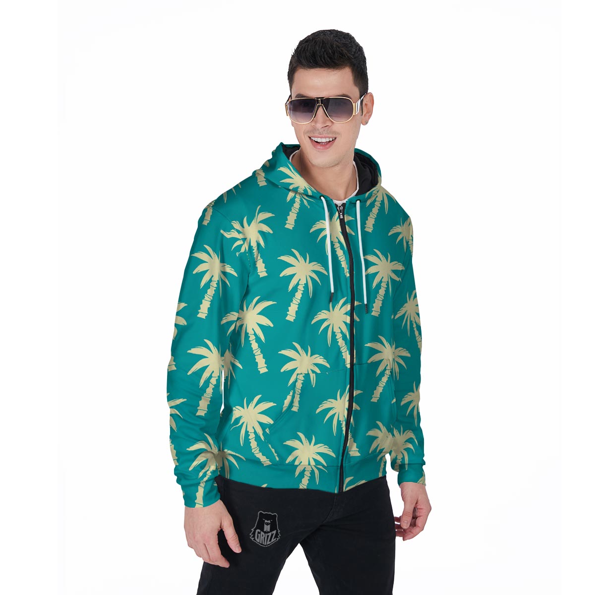 Green Palm Tree Hawaiin Print Men's Zip Up Hoodie-grizzshop