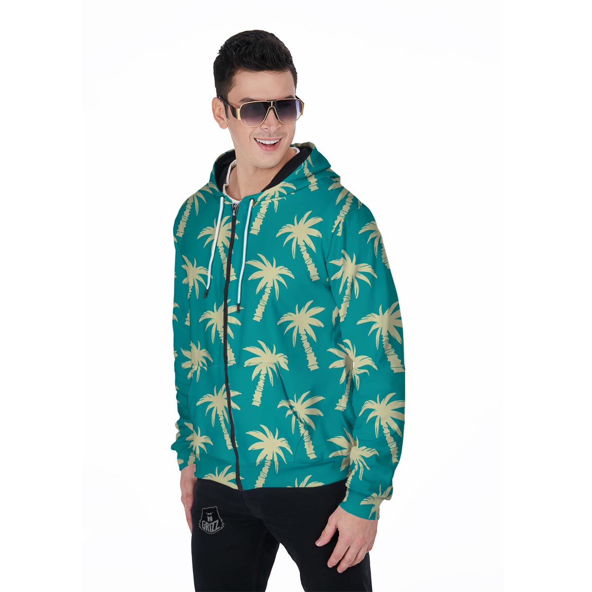 Green Palm Tree Hawaiin Print Men's Zip Up Hoodie-grizzshop